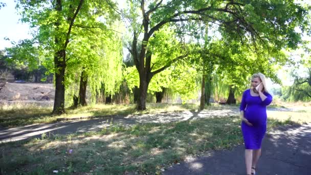 Elegante schwangere Frau geht und spricht über Gadget auf der Straße entlang Park im Freien auf Hintergrund von Bäumen am Tag. — Stockvideo