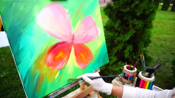 Pintura a óleo colorida de borboleta desenhada por artista menina no parque ao ar livre . — Vídeo de Stock