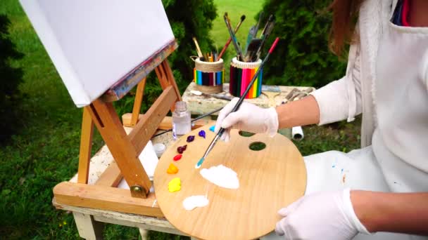 Künstlerin pflückt Farbe per Pinsel aus bereits gepressten Farben und mischt sie auf Palette im Park im Freien. — Stockvideo