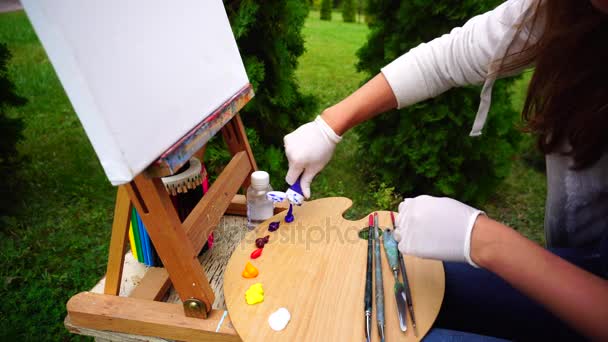 Női művész kézzel szorította csövek olajfesték, fából készült eszközpalettán szabadban Park. — Stock videók