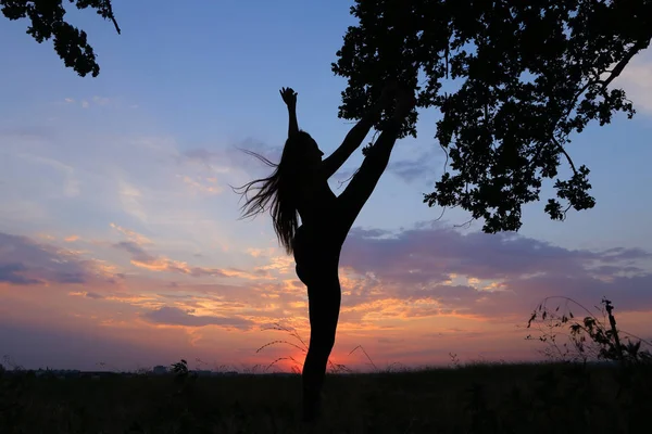 Slim ragazza mostrando varie pose e ballando in campo all'aperto su — Foto Stock