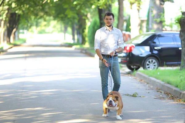 Young handsome guy holding dog on leash and walks down alley. — Stock Photo, Image