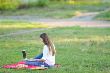 parkta oturan ve kulaklık ile bir dizüstü bilgisayar üzerinden Skype'takonuşurken Bayan