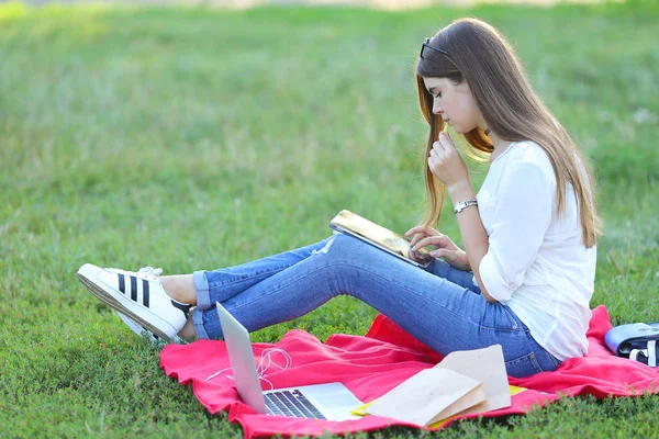 Jeune fille assise sur l'herbe dans le parc et travaille à un ordinateur portable et manger de la restauration rapide — Photo