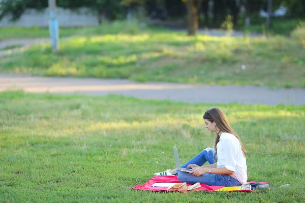 Signora seduta nel parco e che parla su Skype tramite un computer portatile con cuffie — Foto Stock