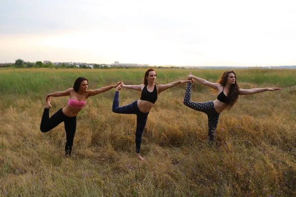 Three attractive girls holding  leg in hand, bent at kneeand and — Stock Photo, Image