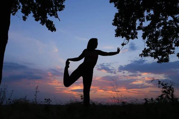 Стройная девушка показывает различные позы и танцы в поле на открытом воздухе — стоковое фото