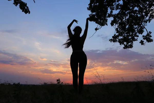 Mince fille montrant diverses poses et dansant dans le champ en plein air sur — Photo