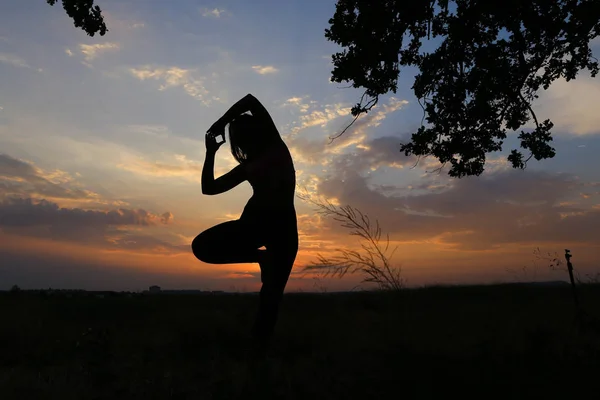 Стройная девушка показывает различные позы и танцы в поле на открытом воздухе — стоковое фото