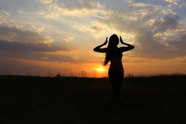 Chica delgada mostrando varias poses y bailando en un campo al aire libre — Foto de Stock