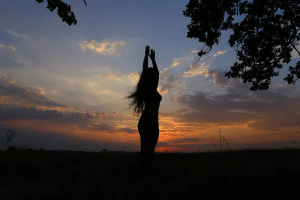 Štíhlá dívka ukazuje různé pózy a tančí v pole venku — Stock fotografie