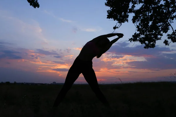 Szczupła dziewczyna pokazując różnych pozach i taniec w pola na zewnątrz na — Zdjęcie stockowe