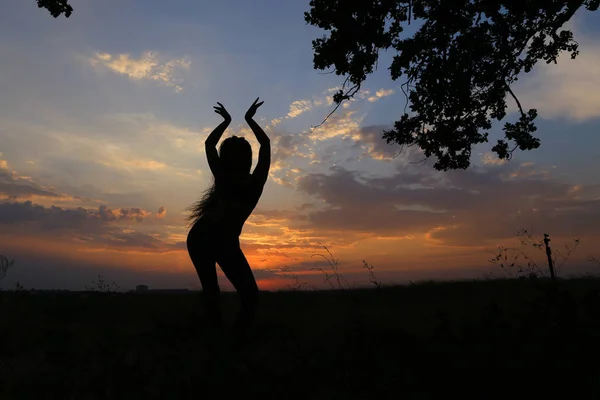 Chica delgada mostrando varias poses y bailando en un campo al aire libre — Foto de Stock