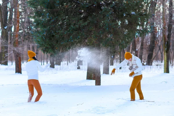 Portret młodej pary, uśmiechając się i grając śnieżkami w zimie — Zdjęcie stockowe