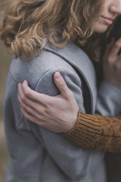 Very soft Portrait of beautiful young couple hugs in soft warm c — Stock Photo, Image