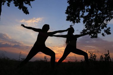 İki kız poz spor ve yoga veya pil duruş haline