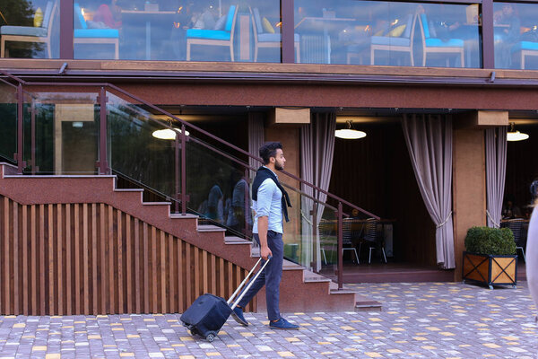 Young Guy Arab Businessman Student Came go to Restaurant With Su