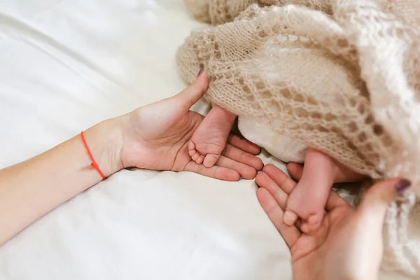 Mães segurando em mãos pés minúsculos de bebê recém-nascido, malha coberta — Fotografia de Stock