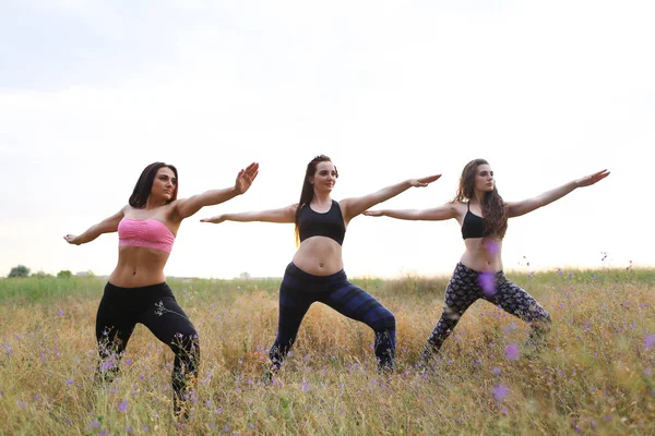 Three young women supported by one leg bent in knee and keep han — Stock Photo, Image