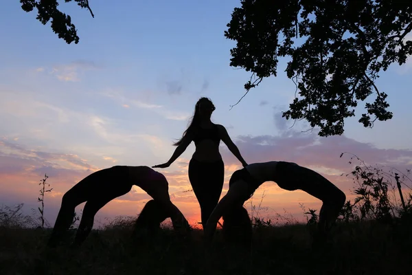 Le donne sono in posa. Una ragazza sta in mezzo e allarga le braccia — Foto Stock