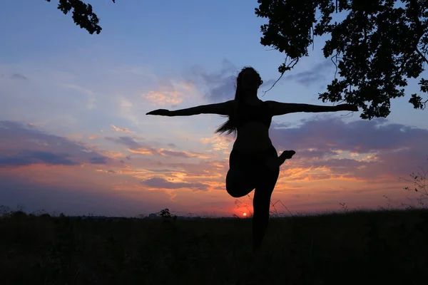 Chica delgada mostrando varias poses y bailando en el campo al aire libre en — Foto de Stock