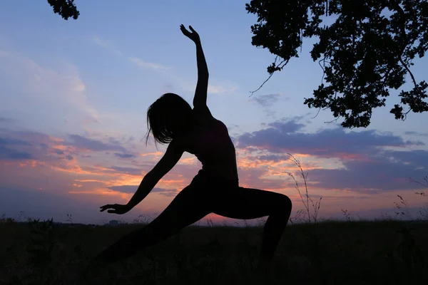 Slim ragazza mostrando varie pose e ballando in campo all'aperto su — Foto Stock