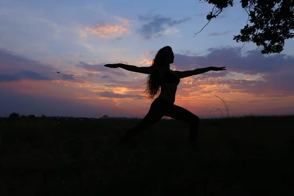 Chica delgada mostrando varias poses y bailando en el campo al aire libre en — Foto de Stock