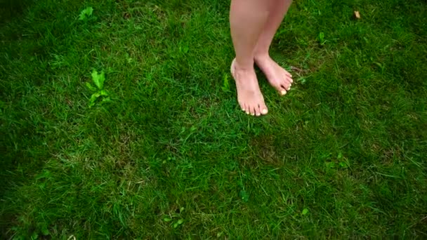 Voeten van vrouwelijke die één voet op gras leidt en en staat op spitzen buitenshuis in overdag. — Stockvideo