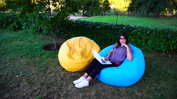 Estudiante sentado en el ordenador portátil en silla y mirando a la cámara entre el parque verde al aire libre en el día de verano . — Vídeo de stock