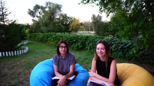 Estudiantes universitarias exitosas posando, sonriendo en la cámara y sentadas en el parque en sillas suaves al aire libre durante el día de verano . — Vídeos de Stock