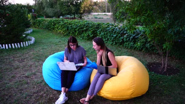 Comenzando las mujeres comerciantes de divisas comprometidas en la obtención de beneficios de la fluctuación de las tasas de divisas que trabajan en computadoras en el parque, sentarse en sillones . — Vídeos de Stock