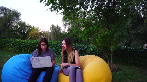 Estudantes do sexo feminino têm tentado resolver perguntas de teste comuns com a ajuda de Gadget ao ar livre no parque durante o dia . — Vídeo de Stock