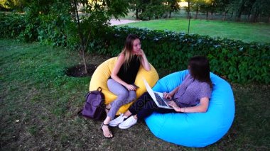 İki kız arkadaşım dizüstü ve Tablet, kullanarak Internet teklifleri oturmak için park yumuşak bekleme odasında gündüzleri serbest zaman, bak geçirmek için bir yer seçin.