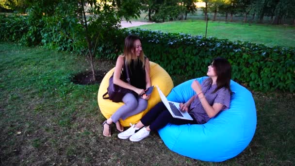 Giovani amiche della scuola femminile con gadget in mano si incontrano nel parco all'aperto nella calda giornata di primavera per il lavoro di squadra . — Video Stock