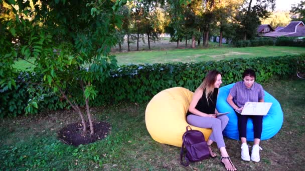 Kamarádky na vysokou školu a spolužáky připravovat společně pro sezení a práce na počítači a tabletu, sedí v křeslech venku v parku v denní. — Stock video