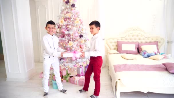Παιδαριώδεις φάρσες από δύο αδέρφια δίδυμα και αθώα αγώνα για χριστουγεννιάτικο δώρο στην κρεβατοκάμαρα με το χριστουγεννιάτικο δέντρο. — Αρχείο Βίντεο