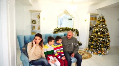 Büyük aile Noel ağacı ile şenlikli bir şekilde dekore edilmiş oda içinde mavi kanepe ve şömine gündüz üzerinde oturan adam için akraba ve eller tüp ile telefonda konuşan kadın kanepede, sohbet.