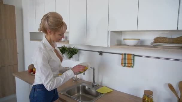 Femme d'affaires veille à l'ordre, regarde la caméra et sourit debout dans la cuisine moderne lumière . — Video