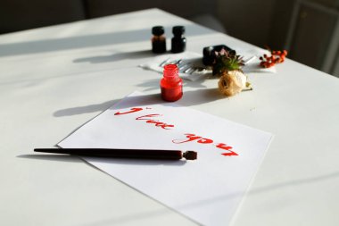 Güzel kaligrafi kart kırmızı yazıt ile üzerine beyaz seni seviyorum