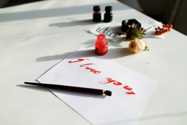 Güzel kaligrafi kart kırmızı yazıt ile üzerine beyaz seni seviyorum