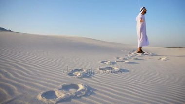 Emirlikleri Arap Şeyh iyi ruhları doğa kumlu çölde etrafta dolaşıyor ve açık hava açık gün sahiptir.