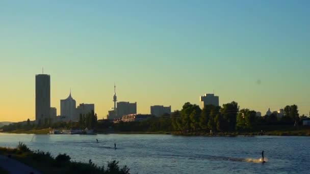 Long river Danube in park flows in Austria s city Vienna. — Stock Video