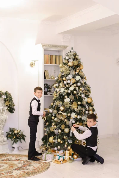 Preciosos hermanos gemelos niños preparándose para la celebración de la nueva y — Foto de Stock