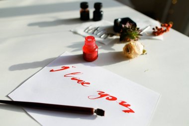 Güzel kaligrafi kart kırmızı yazıt ile üzerine beyaz seni seviyorum