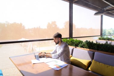 Amerikalı yatırımcı laptop ve diyagram belgelerle çalışma