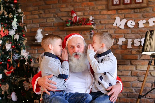 Felices hermanos chicos susurran simultáneamente al oído de la Navidad — Foto de Stock