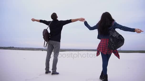 Brother and sister rejoicing at native land embracing. — Stock Video