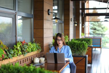 Güzel öğrenci restoranda laptop ile çalışma.