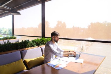 Amerikalı yatırımcı laptop ve diyagram belgelerle çalışma