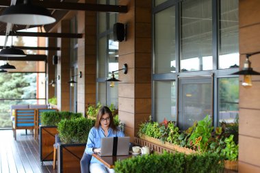 Kadın yazarı dizüstü restoranda makale yazmaya.